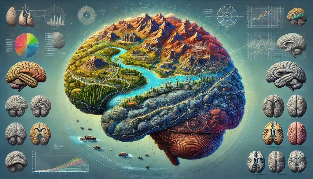 Illustration eines Gehirns mit Landschaft Neurodivergenz ADHS Darstellung der Vielfalt des menschlichen Verstands