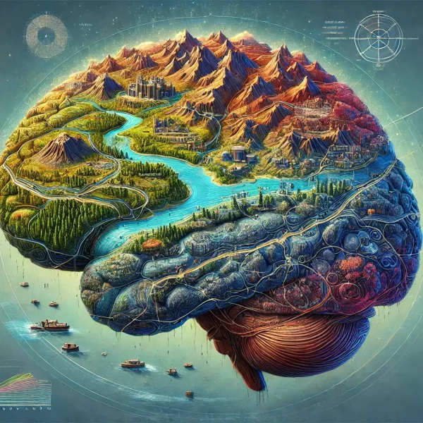Illustration eines Gehirns mit Landschaft Neurodivergenz ADHS Darstellung der Vielfalt des menschlichen Verstands